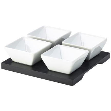 Black Wooden Tray With 4 Dip Dishes