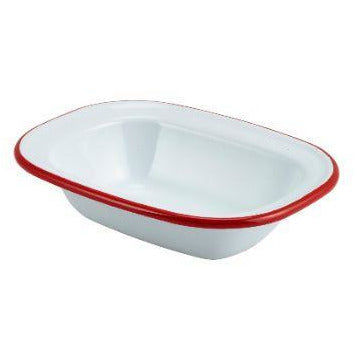 Enamel Rect. Pie Dish White with Red Rim 16cm