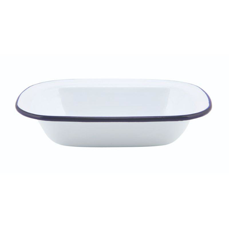 Enamel Rect. Pie Dish White & Blue 18cm
