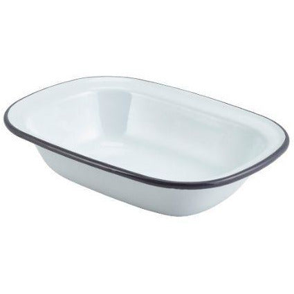 Enamel Rect. Pie Dish White with Grey Rim 20cm