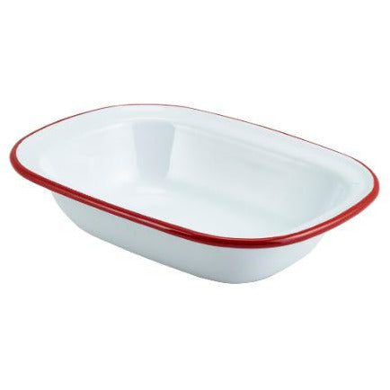 Enamel Rect. Pie Dish White with Red Rim 20cm