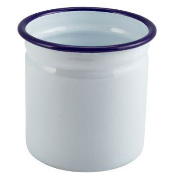 Enamel Cutlery Holder White with Blue Rim 11.5cm Dia