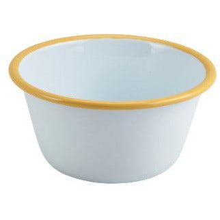 Enamel Round Deep Pie Dish White with Yellow Rim 12cm