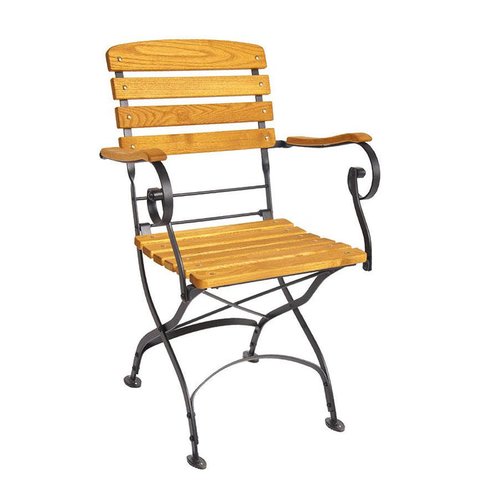 Beautifully crafted, wrought iron folding arm chair
A firm favourite for pubs, garden centres, caf?ÇÜs and boutique bistros. Competitive price, very sturdy and folds flat for easy storage