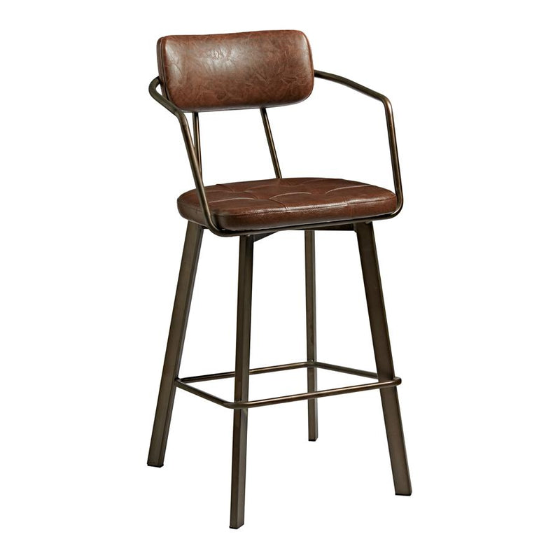 The AUZET bar stool features an angular frame manufactured from old anvil steel. Seat pad and back rest upholstered in a vintage faux leather. 