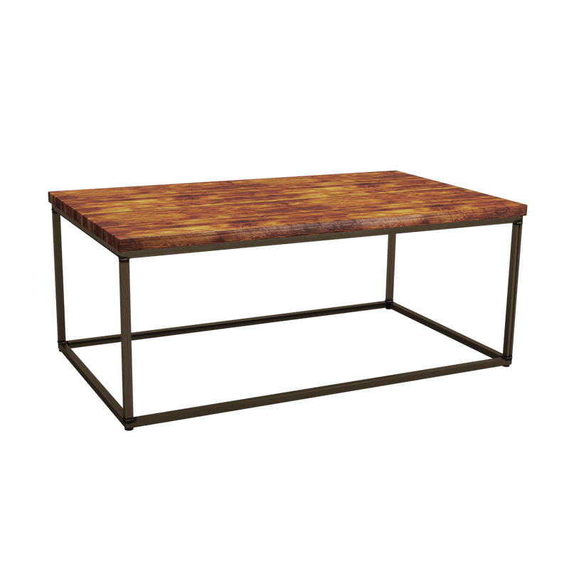 Contemporary steel square coffee table base                Finished in a raw/clear powder coat, combined with a rustic pine table top
