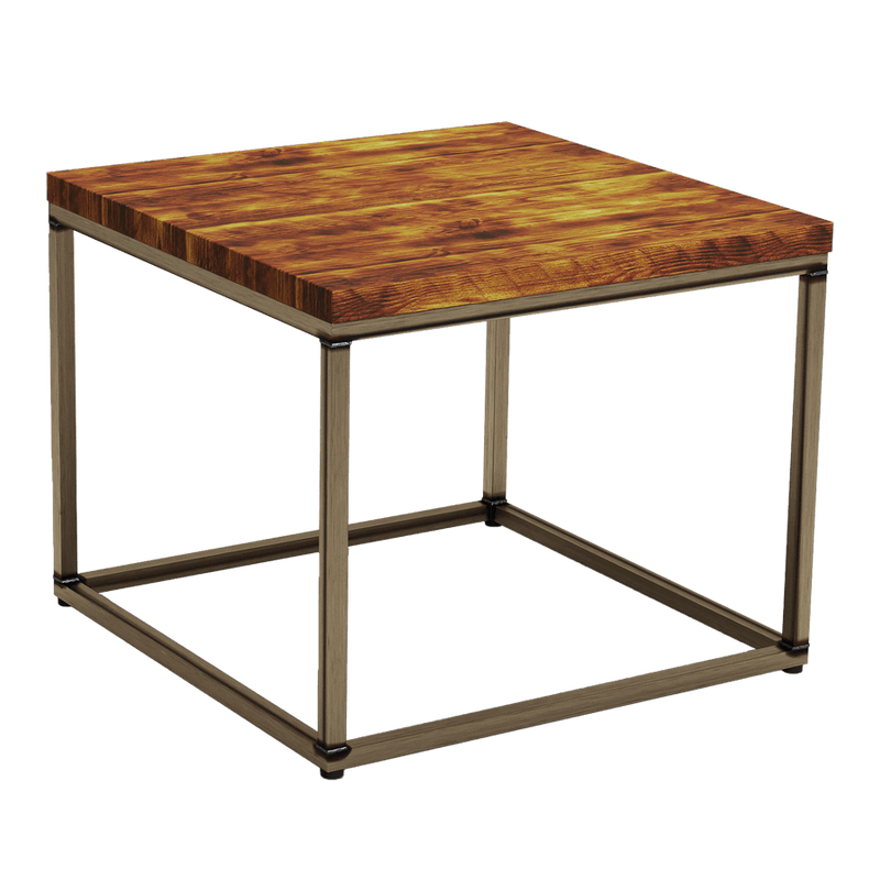 Contemporary steel square coffee table base                Finished in a raw/clear powder coat, combined with a rustic pine table top