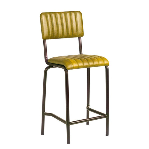 Industrial style bar stool 
Upholstered in ribbed Lascari faux leather, the padded seat and back complement the tubular frame, creating a retro yet contemporary look. Available in a range of vintage-effect colours.