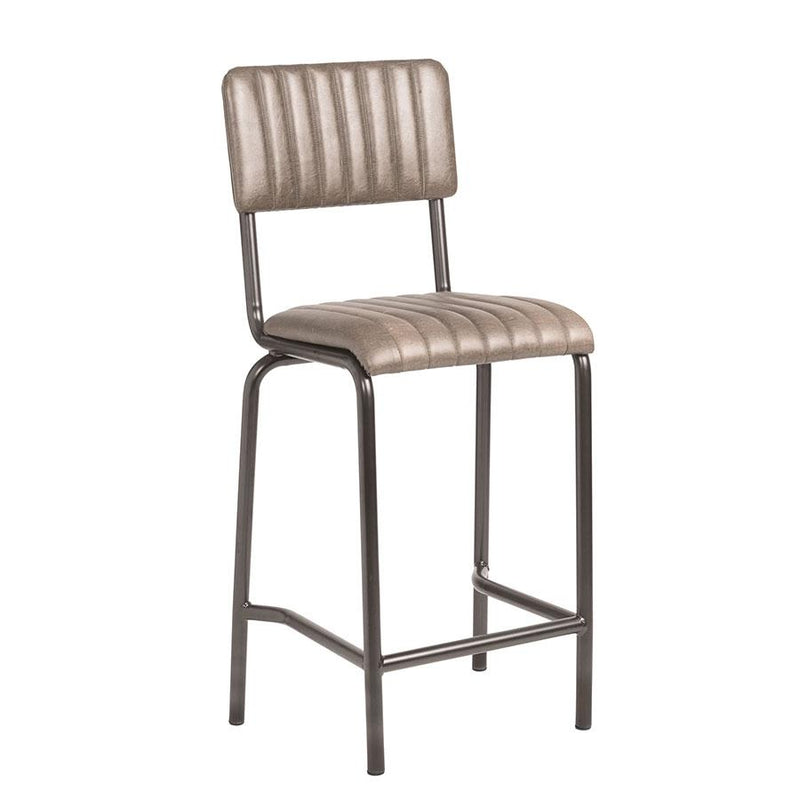 Industrial style bar stool 
Upholstered in ribbed Lascari faux leather, the padded seat and back complement the tubular frame, creating a retro yet contemporary look. Available in a range of vintage-effect colours.