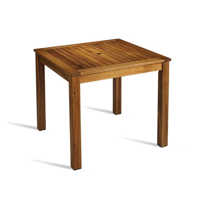 This classic outdoor square table is manufactured from solid Acacia wood.              Umbrella hole 40mm dia      Self assembly is required