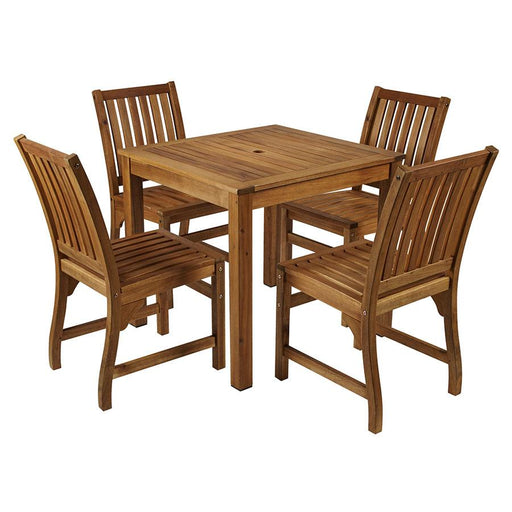 This classic outdoor square table and chair set is manufactured from solid Acacia wood                      1x HARDY solid wood table 4x HARDY side chairs          Self assembly is required
