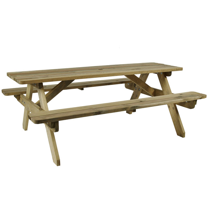This very sturdy, easy to assemble picnic table is made from solid Spruce wood. Impregnated with a high quality wood preserver to ensure maximum durability