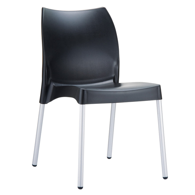 Indoor/Outdoor Side Chair.
Very strong stacking side chair with recyclable polypropylene seat and backrest ? durable anodised aluminium legs. For indoor and outdoor use.