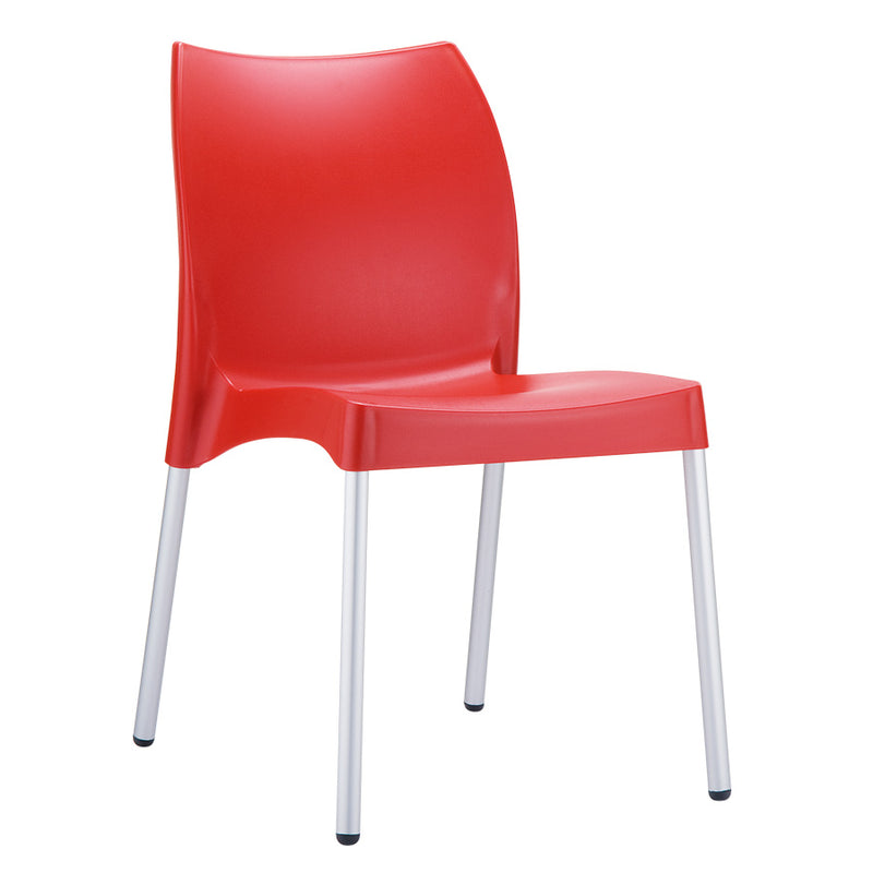 Indoor/Outdoor Side Chair.
Very strong stacking side chair with recyclable polypropylene seat and backrest ? durable anodised aluminium legs. For indoor and outdoor use.
