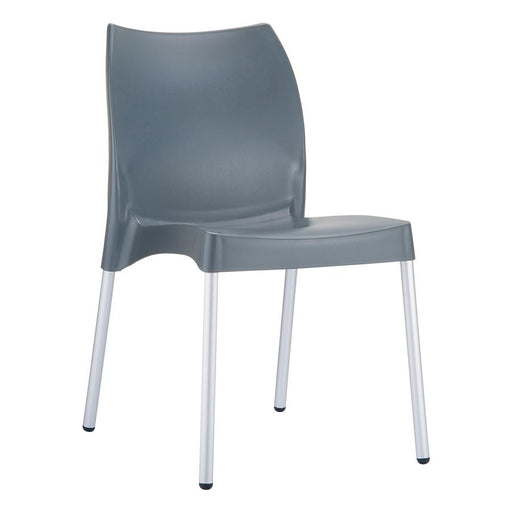Indoor/Outdoor Side Chair.
Very strong stacking side chair with recyclable polypropylene seat and backrest ? durable anodised aluminium legs. For indoor and outdoor use.