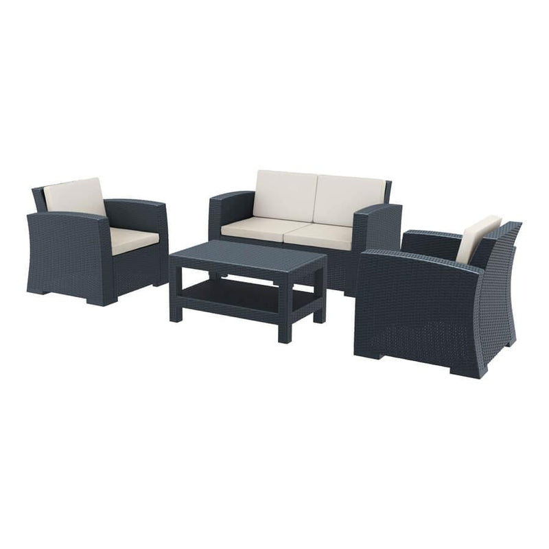MONACO Lounge Set is designed for easy self assembly. It is made of durable weather-resistant resin reinforced with glass fibre. Non-metallic frame will never unravel, rust or decay. It is UV protected which ernsures the colours will not fade. Can be disassembled. For indoor and outdoor contract use.
