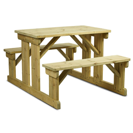 This very sturdy, easy to assemble picnic table is made from solid Spruce wood. Impregnated with a high quality wood preserver to ensure maximum durability