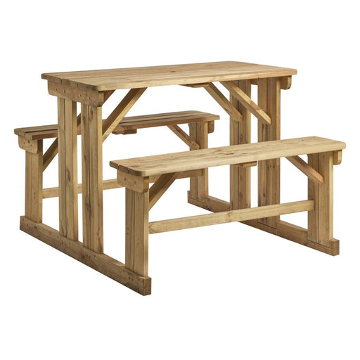 Manufactured from solid Spruce wood, pressure treated with a high quality wood preserver to ensure maximum durability. Also available in a 8-seater version. Perfect for pub, restaurant and bistro gardens. 