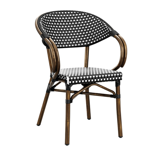 Bistro arm chair
French bistro style chair ? Durable aluminium frame made to look like bamboo, with nero and black wicker weave
