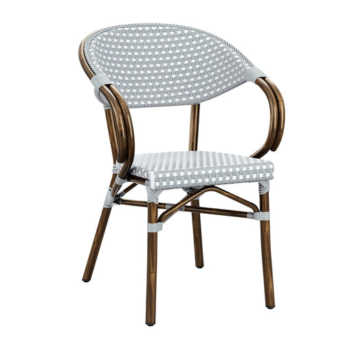 Bistro arm chair
French bistro style chair ? Durable aluminium frame made to look like bamboo, with white and pacific blue wicker weave
