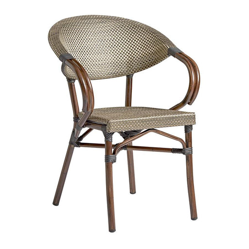 Bistro arm chair
French bistro style chair ? Durable aluminium frame made to look like bamboo, with black and gold wicker weave