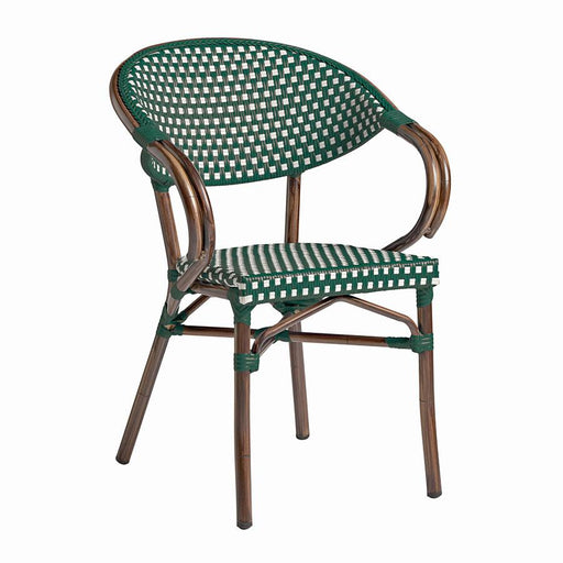 Bistro arm chair
French bistro style chair ? Durable aluminium frame made to look like bamboo, with white and green wicker weave