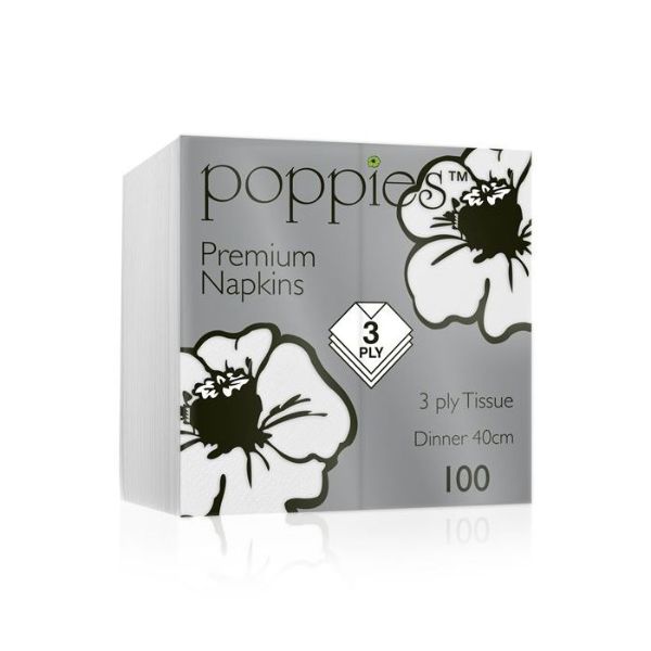 Poppies Premium Napkin 3Ply 1/4 Fold White 40cm/16" (Pack 1000)