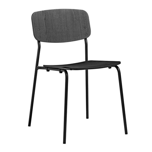 A simplistic stacking side chair with an angular metal frame and an ash plywood seat and back rest       Stacks up to 6 high   Available in white, black and grey ash
