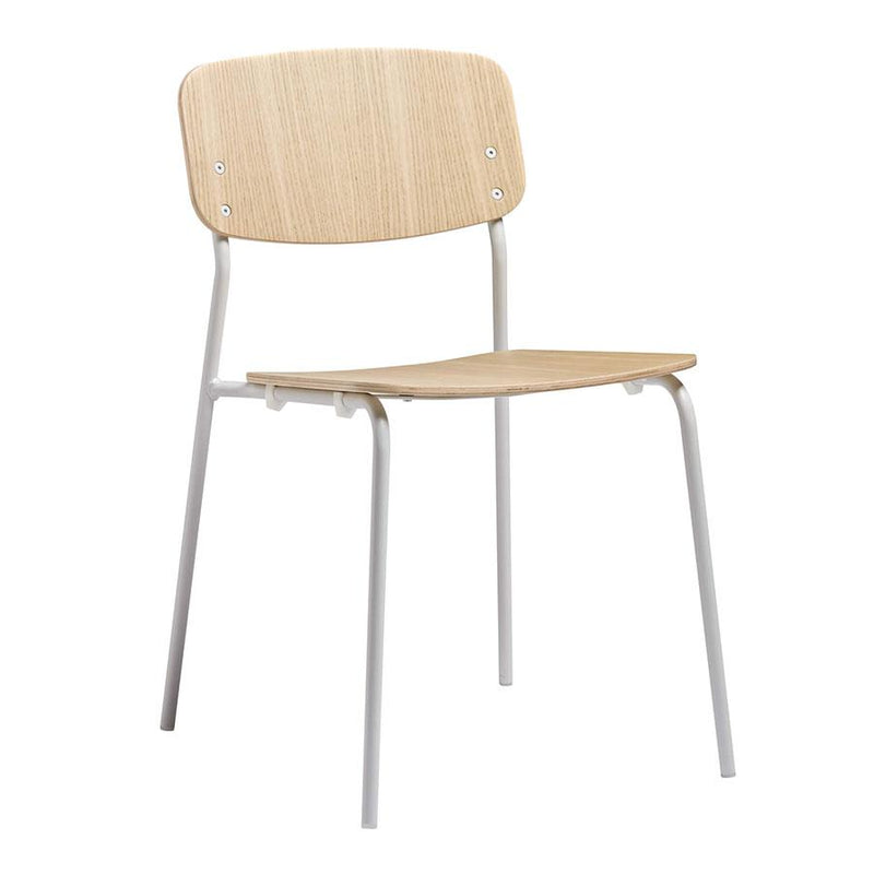 A simplistic stacking side chair with an angular metal frame and an ash plywood seat and back rest       Stacks up to 6 high   Available in white, black and grey ash