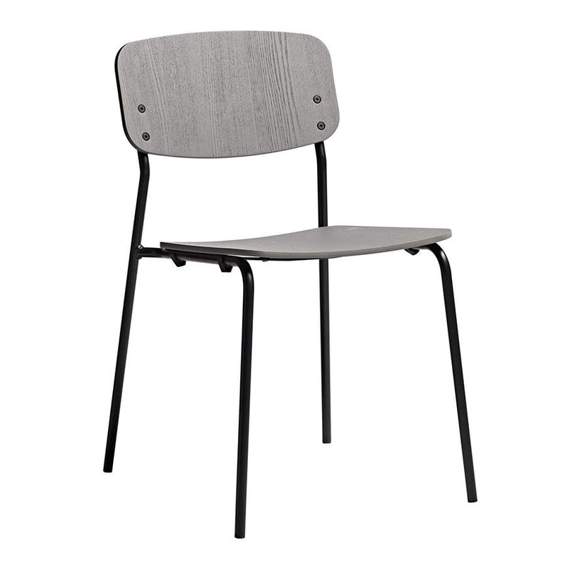 A simplistic stacking side chair with an angular metal frame and an ash plywood seat and back rest       Stacks up to 6 high   Available in white, black and grey ash